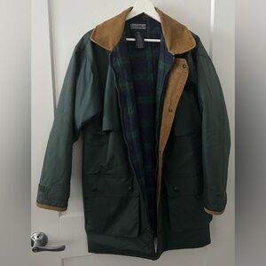 Lands' End Men's Dark Green Raincoat with Brown Corduroy Collar